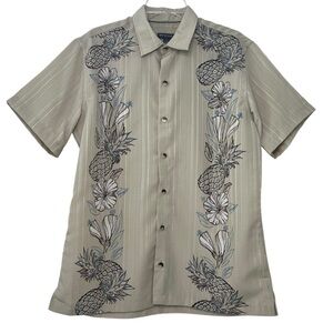 Van Heusen Mens Size M Ivory Shirt Embroidered Pineapple Short Sleeve Button Up
